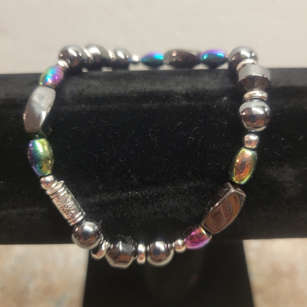 Handcrafted Silver, Black and Multicolored Hematite Beaded Magnetic Bracelet